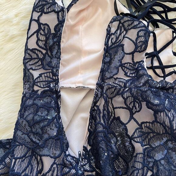 B Darlin Floral Lace Fit and Flare Dress Dark Blue 1/2 - Picture 8 of 13